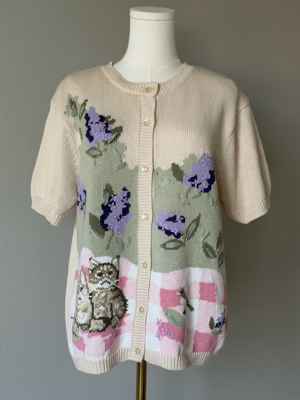 Vintage Northern Reflections Floral Cat Short Sleeve Cardigan Medium Grandmacore
